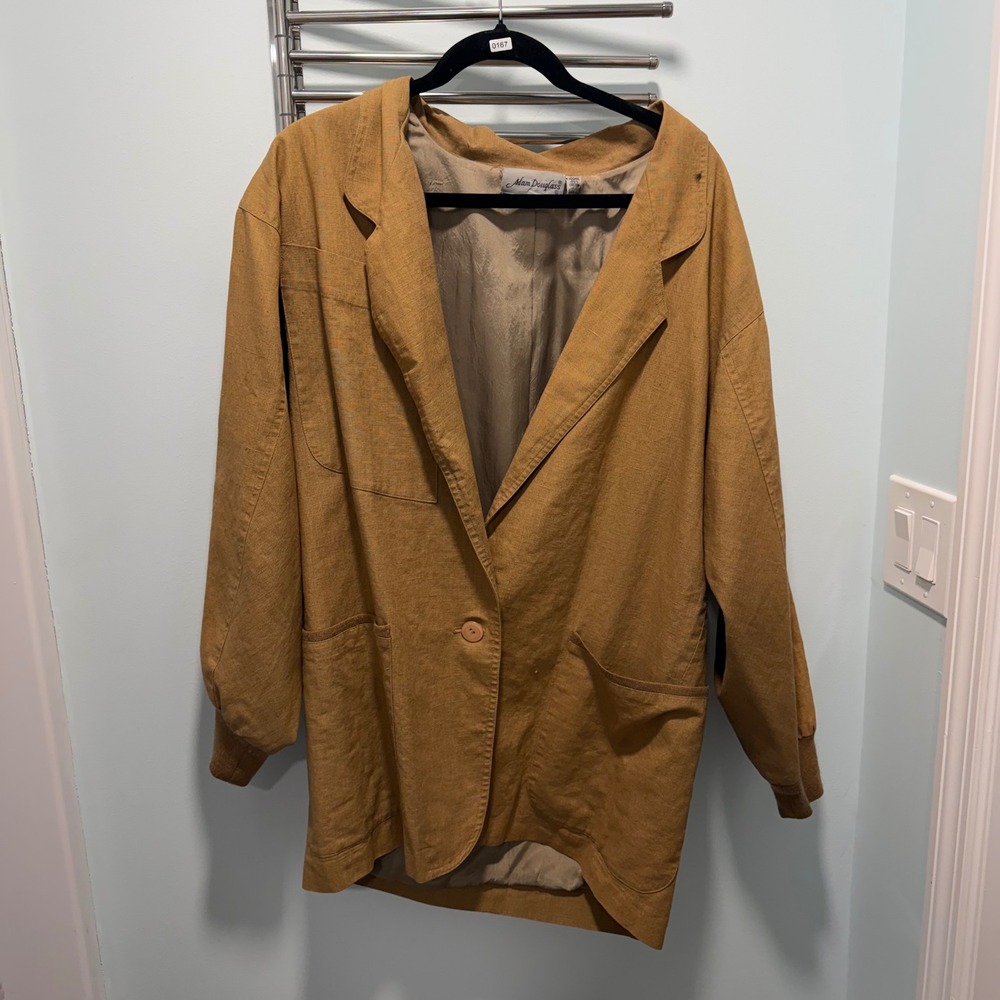 Adam Douglass Vintage L Tan Ramie Cotton Single Button Blazer Jacket